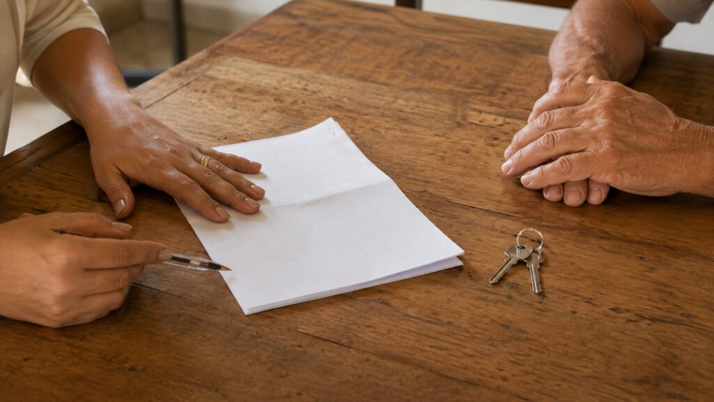 Maos sobre a mesa com um contrato de aluguel dobrado e um molho de chaves pousado ao lado