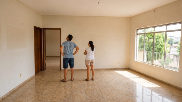 Casal em pe na sala vazia de uma casa usada, conferindo o imovel antes da compra