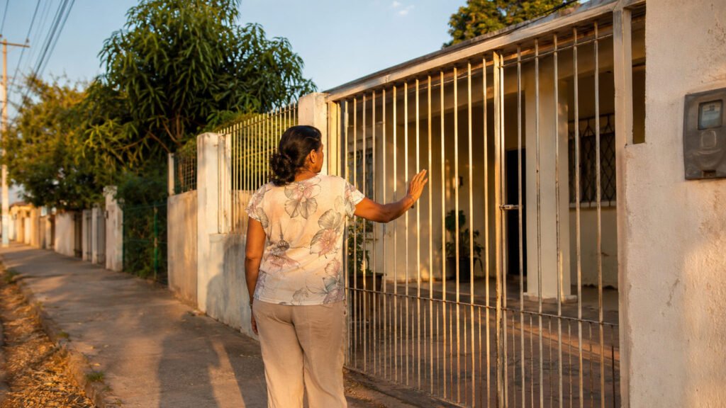 Mulher em pe na calcada diante do portao fechado de uma casa alugada no fim da tarde