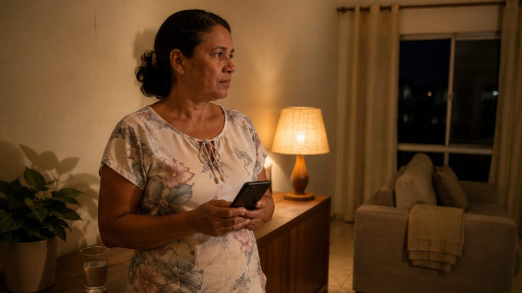 Mulher em pe na sala de casa a noite segurando o celular com a tela apagada