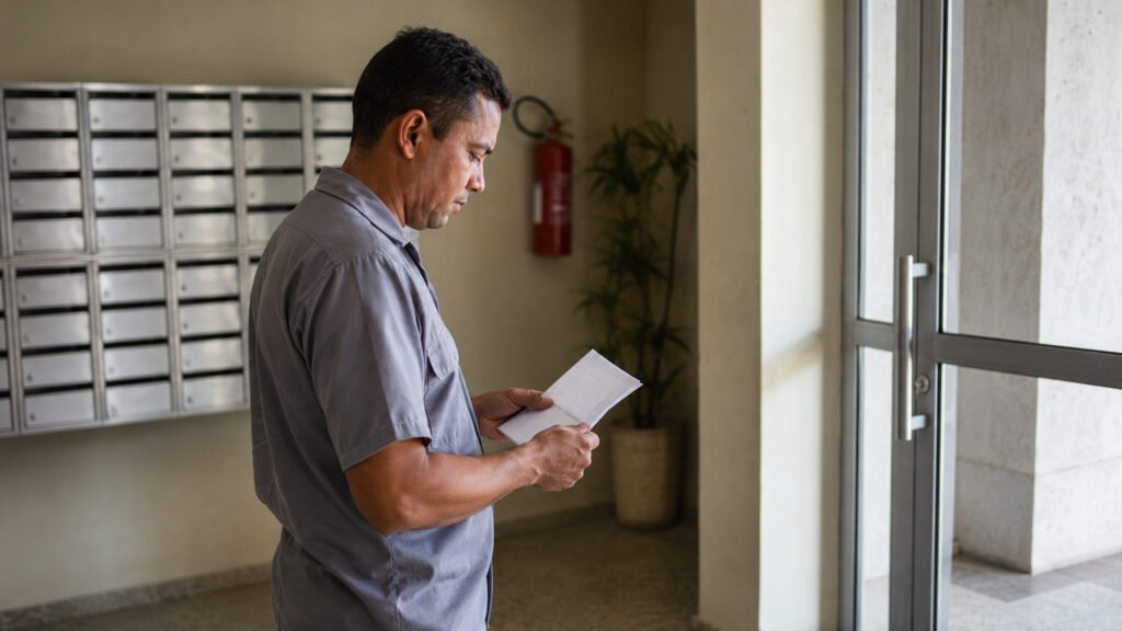 Homem no hall de um predio residencial segurando um aviso dobrado retirado do escaninho